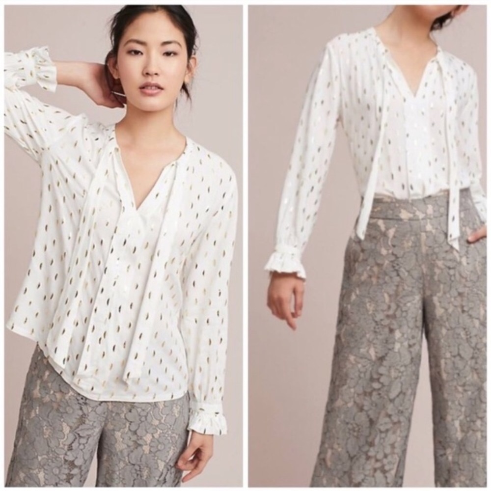Anthropologie Tie Neck Foil Print Blouse - S